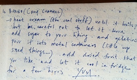 Recipe for Il Budino in my sister's handwriting