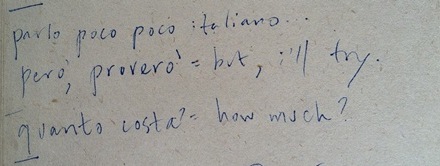 Part 1 of my beginner's guide to Italian in my sister's handwriting