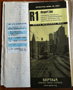 Flight ticket stub and SEPTA map
